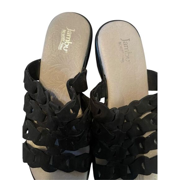 Jambu Romance Black Leather Memory Foam Wedge Sandals Size 9 - Picture 2 of 11